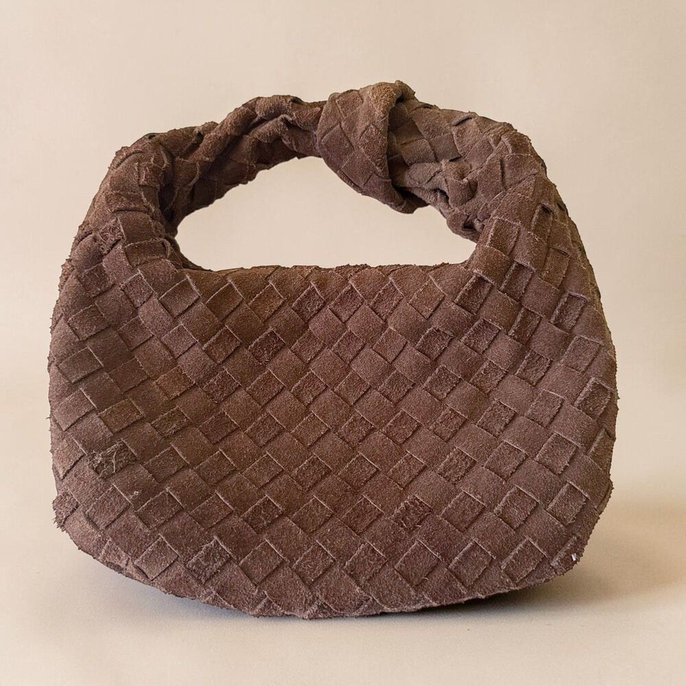 Nico & Olive Small Suede Leather Hobo Intrecciato Handbag Chocolate Brown Woven